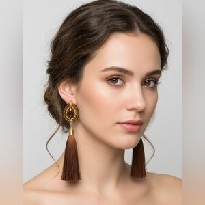 Beaded tassel earrings euro wire gold brown amber color wired wrapped tear drop